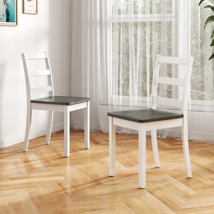 Set of 2 gray wood dining chairs with solid rubber wood legs, featuring a ladder back design for comfort and stability.