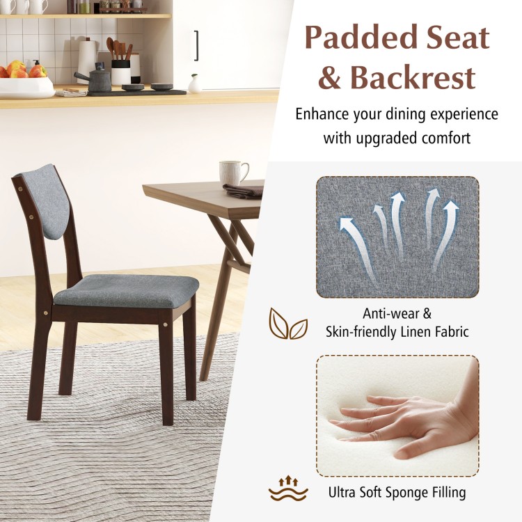 Wood kitchen chair with gray faux leather seat, ergonomic backrest, and sturdy rubber wood frame for dining comfort.