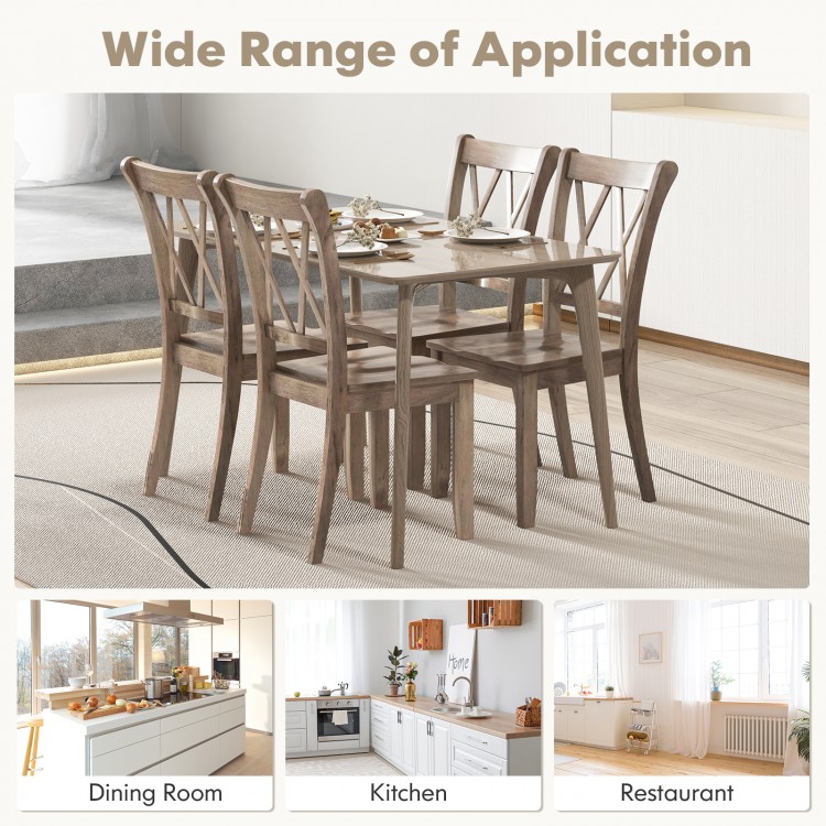 Brown wooden dining chair showcasing its double X-shaped back design, ideal for enhancing farmhouse-style interiors.