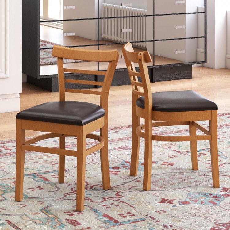 Set of 2 wooden dining chairs with rubber wood legs and brown PU leather seats, perfect for restaurants or cafes.