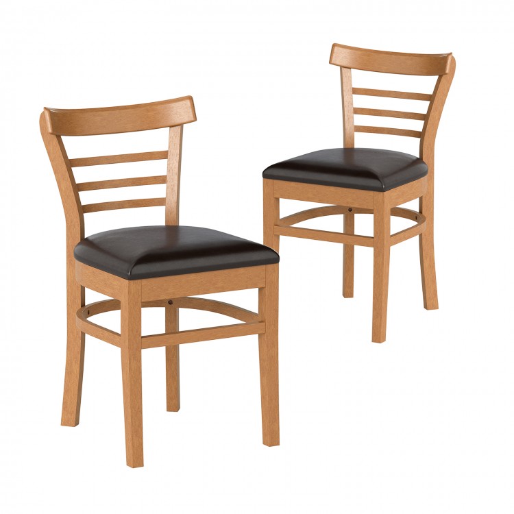 Curved backrest and sturdy rubber wood legs of a brown dining chair, perfect for cafes and bistros, ensuring comfort.