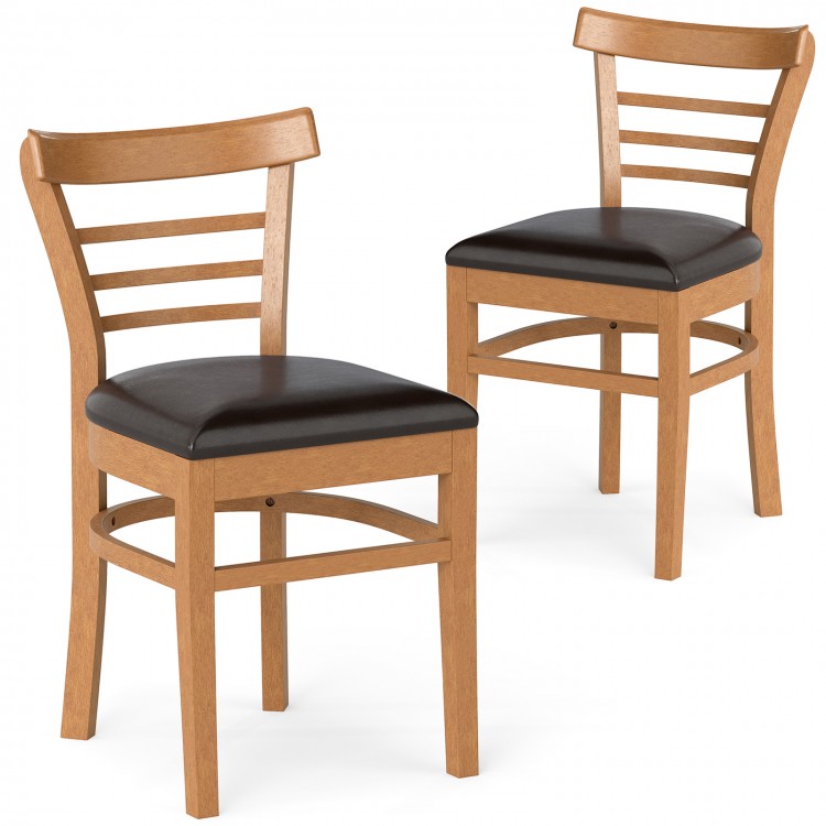 Set of 2 wooden dining chairs with rubber wood legs and brown PU leather seats, perfect for restaurants and cafes.
