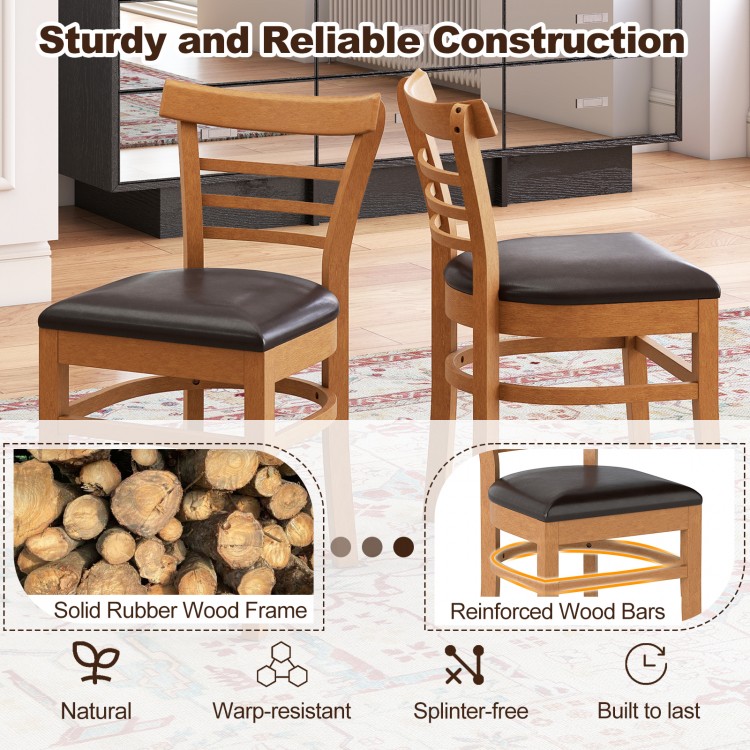 Set of 2 brown wooden dining chairs with rubber wood legs, featuring smooth surfaces and reinforced bars for durability.