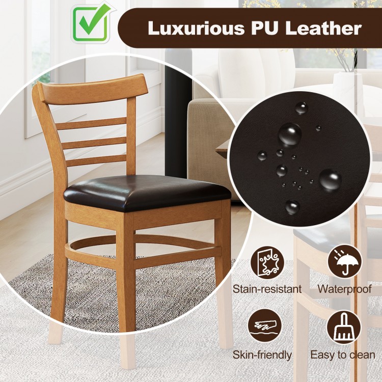 Wooden dining chair with rubber wood legs and brown PU leather seat, ideal for restaurants and cafes, easy to clean.