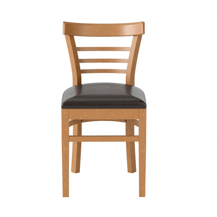 Wooden dining chair with rubber wood legs and PU leather seat, designed for restaurants and cafes, offering comfort and.