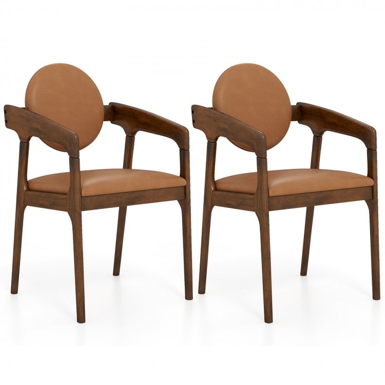 Set of 2 brown wooden dining chairs with PU leather upholstery and curved backrests, perfect for home or restaurant use.