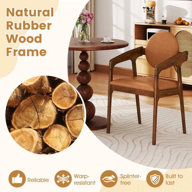 Brown PU leather upholstered dining chair with natural rubber wood frame, offering comfort and durability for various.