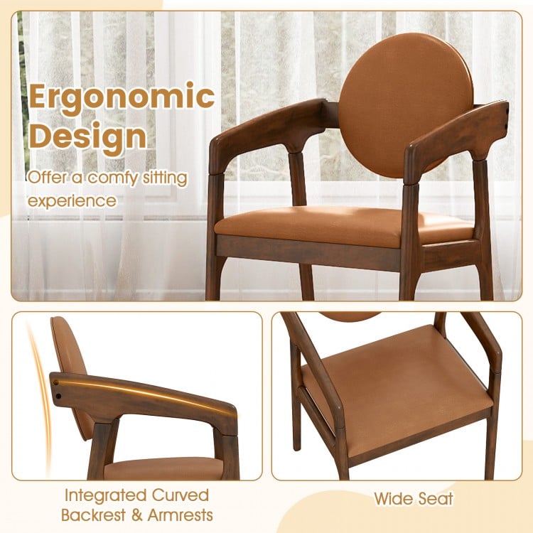 Brown wooden dining chair with PU leather upholstery, featuring a wide seat and integrated curved backrest for comfort.