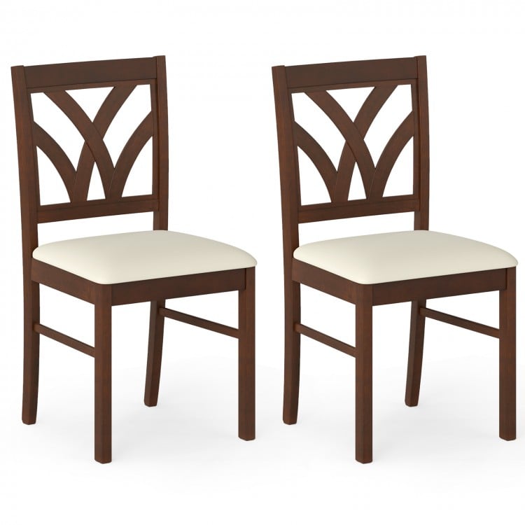 Set of 2 brown wooden dining chairs with upholstered padded seats and hollowed backrests, perfect for kitchen or dining.
