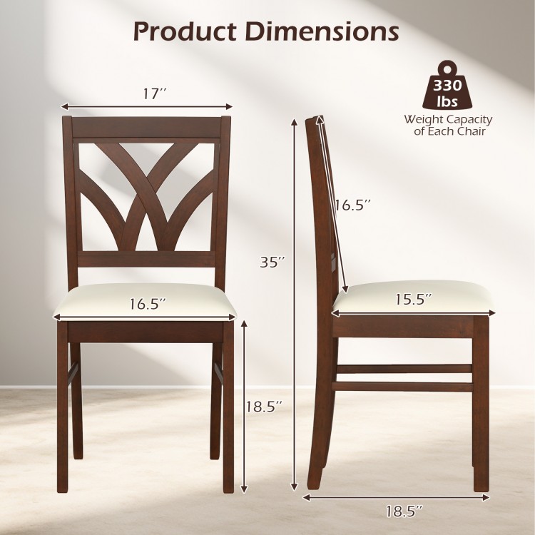 Wooden dining chair dimensions with hollowed backrest, brown rubber wood frame, and padded seat for kitchen use.