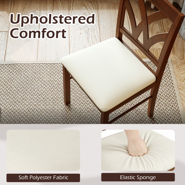 Wooden dining chair with soft padded seat and hollowed backrest, upholstered in polyester fabric for kitchen or dining.