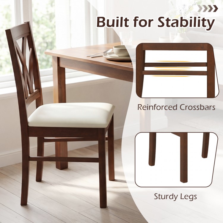 Wooden dining chair with hollowed backrest, soft padded seat, and reinforced crossbars for stability, ideal for dining.