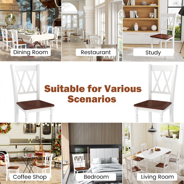 Set of 2 wooden farmhouse kitchen chairs with rubber wood seat, featuring a cross backrest, suitable for dining and.