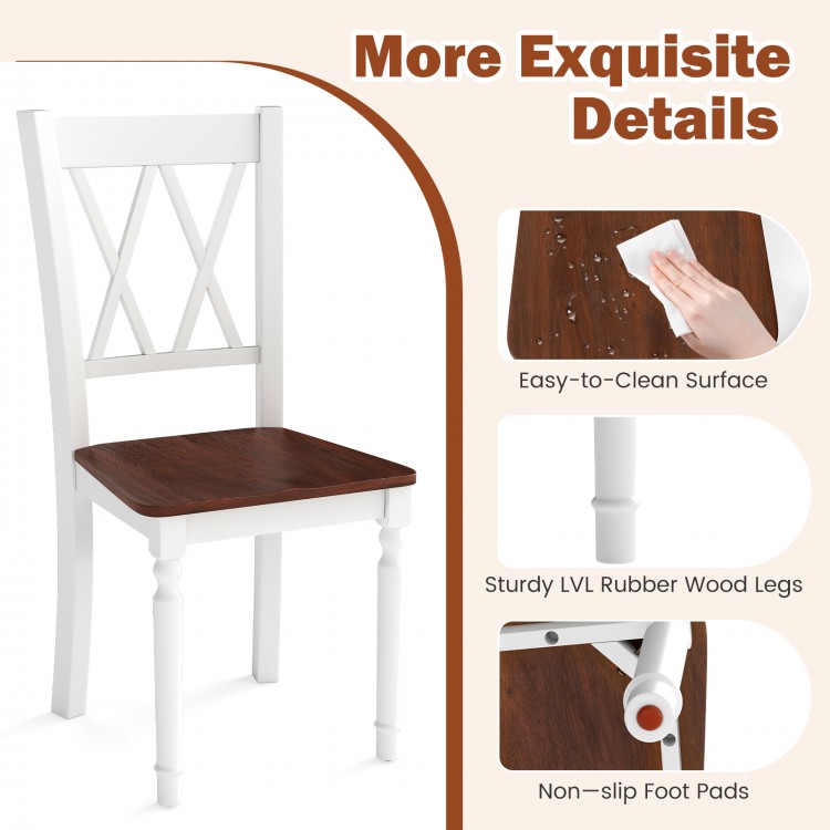 Detail view of a wooden farmhouse kitchen chair with a rubber wood seat, featuring an easy-to-clean surface and.