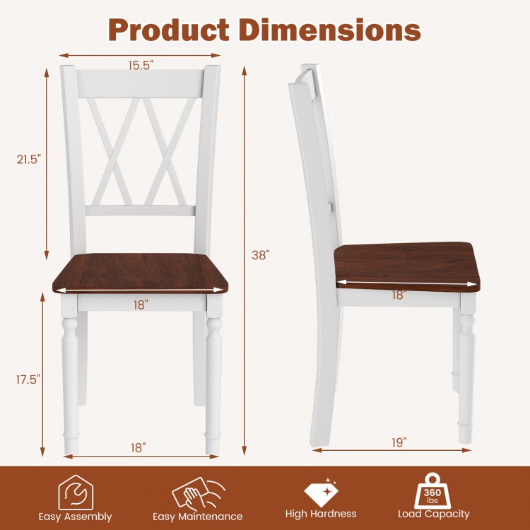 Dimensions of a white wooden farmhouse kitchen chair with rubber wood seat, featuring a high backrest and anti-slip.