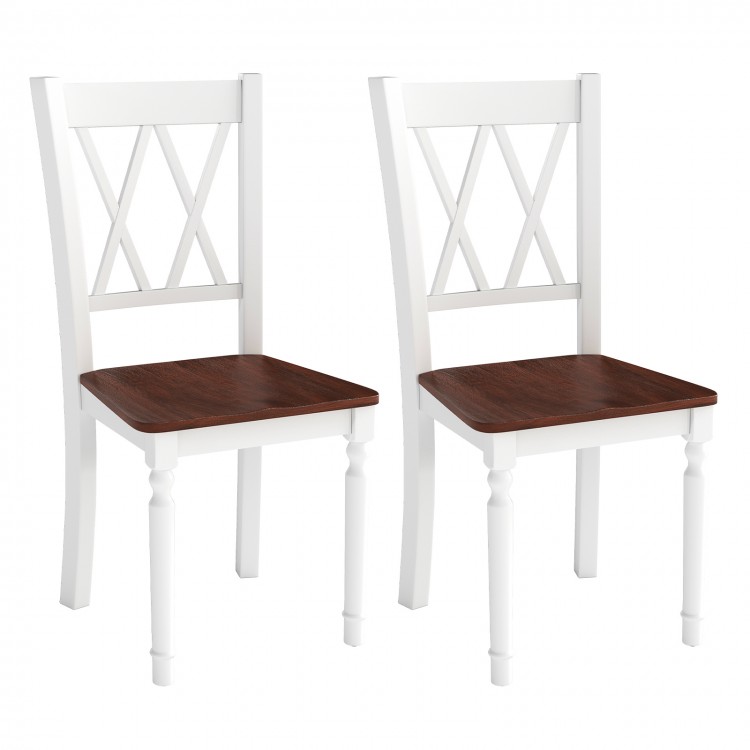 Set of 2 farmhouse kitchen chairs with rubber wood seats, featuring a white frame and cross backrest for elegant decor.