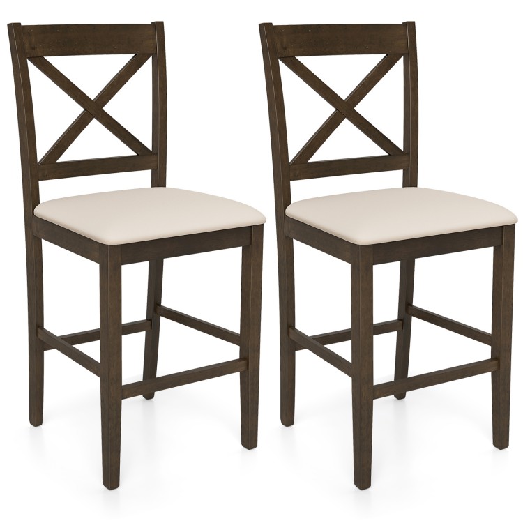 Set of 2 brown X-back bar stools with upholstered cushioned seats, ideal for kitchen islands or home bars.