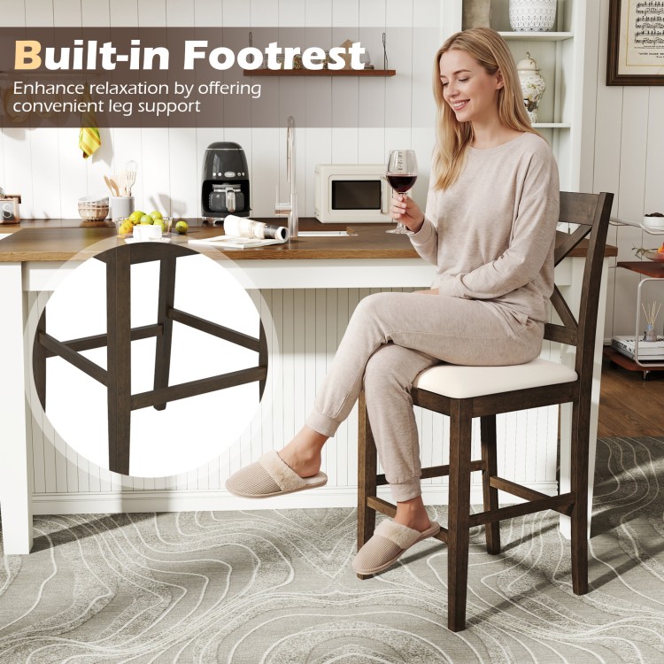 X-back bar stool with upholstered seat and built-in footrest, providing comfort and support for kitchen or dining use.