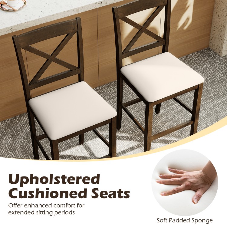 Set of 2 brown X-back bar stools with upholstered cushioned seats for kitchen islands and home bars, offering comfort.
