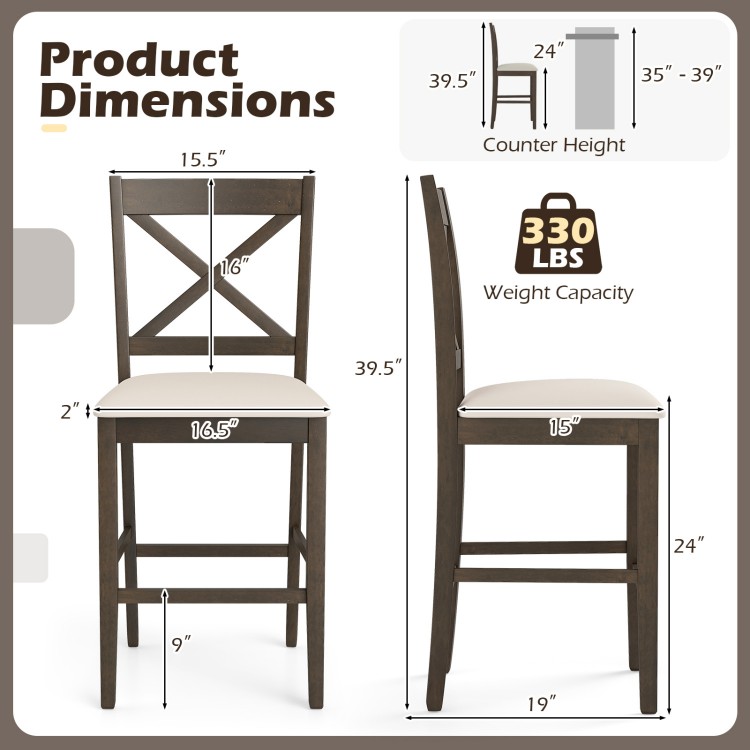 X-back bar stool set with cushioned seats, solid rubber wood, 330 lbs capacity, ideal for kitchen islands or home bars.