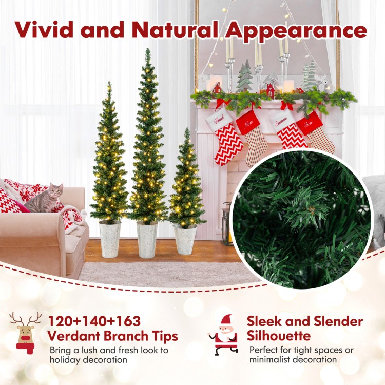 Set of 3 pre-lit artificial Christmas trees with 230 warm white LED lights, featuring 120+ branch tips for vibrant.