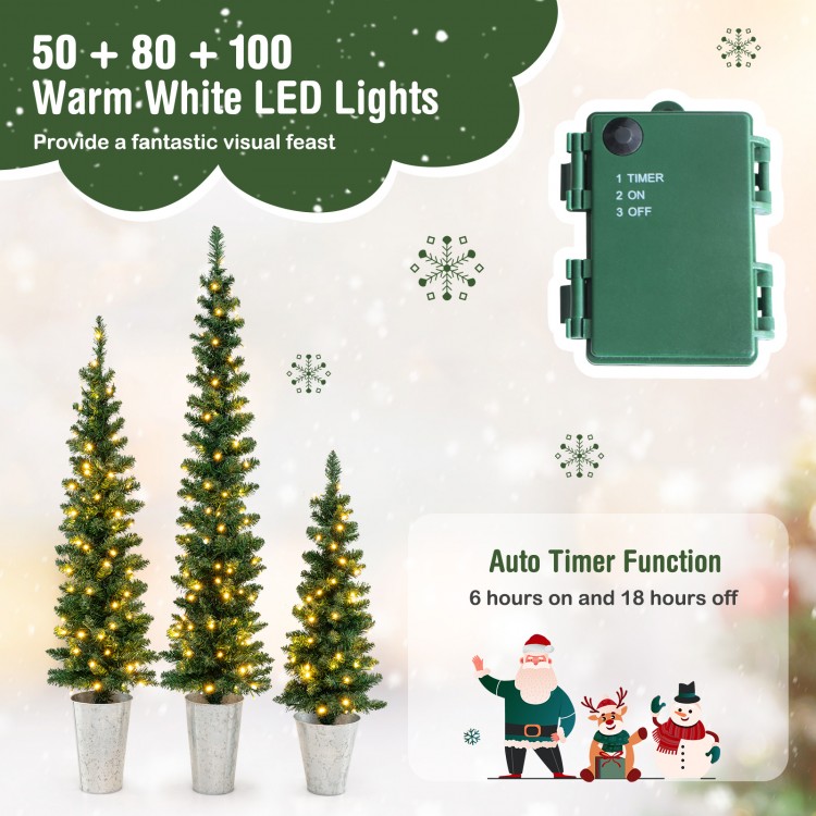 Set of 3 pre-lit artificial Christmas trees with 230 warm white LED lights, featuring a timer function for convenience.