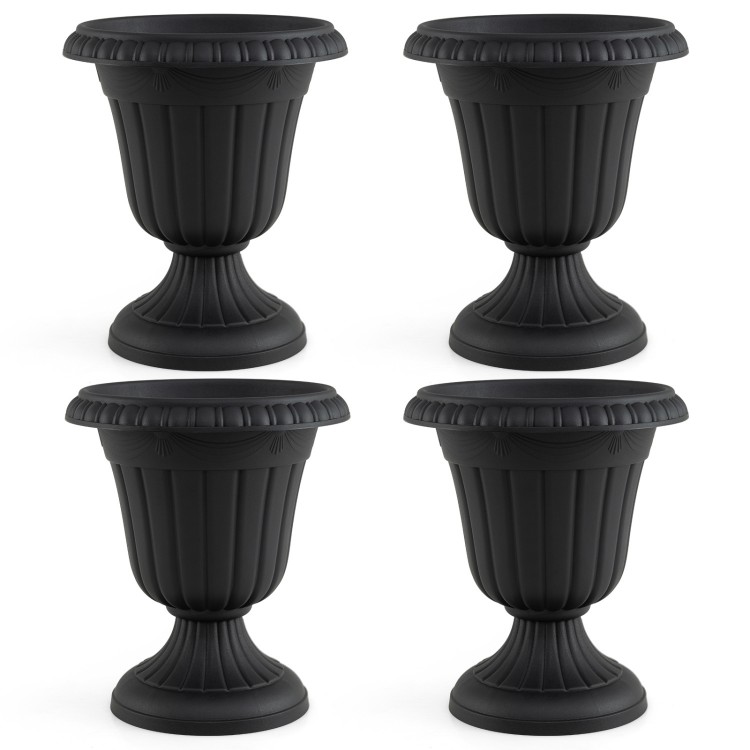 Set of 4 black vintage planters with pedestal base, 18 inches tall, ideal for indoor and outdoor plant display.