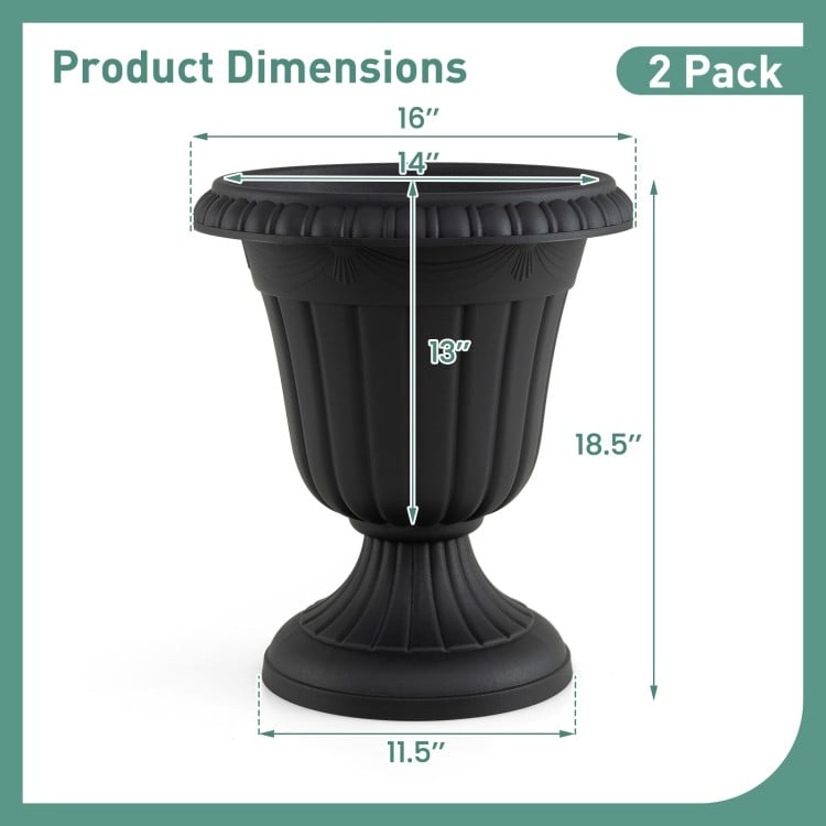Product dimensions for the 18-inch tall black vintage planter with pedestal base, showcasing its elegant urn shape.
