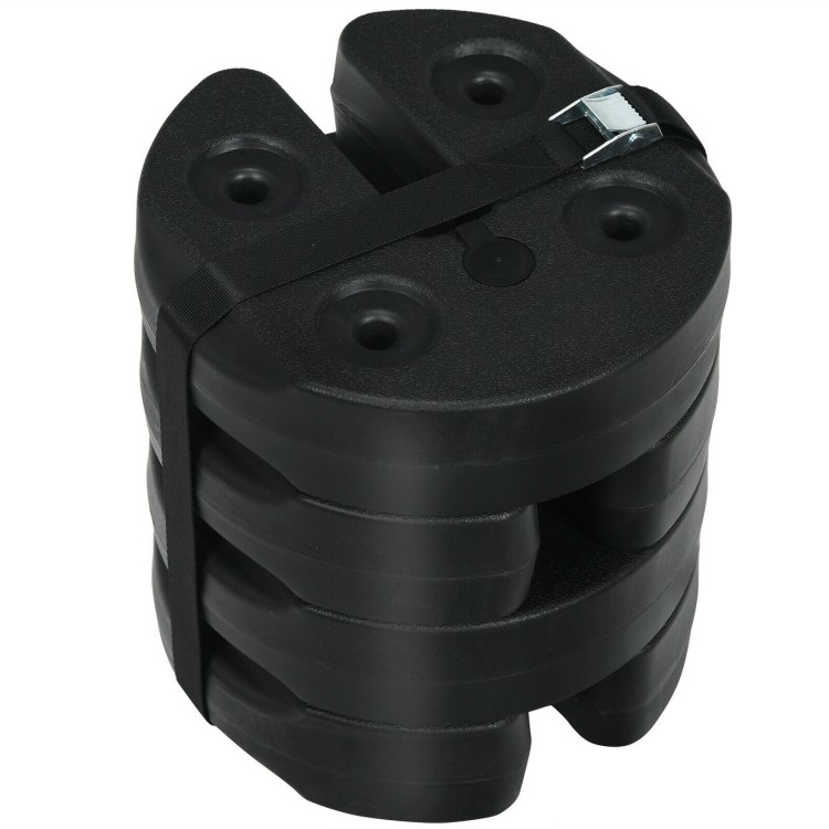 Set of 4 black 20lbs canopy weights with no-pinch design, ideal for securing tents and umbrellas at outdoor events.