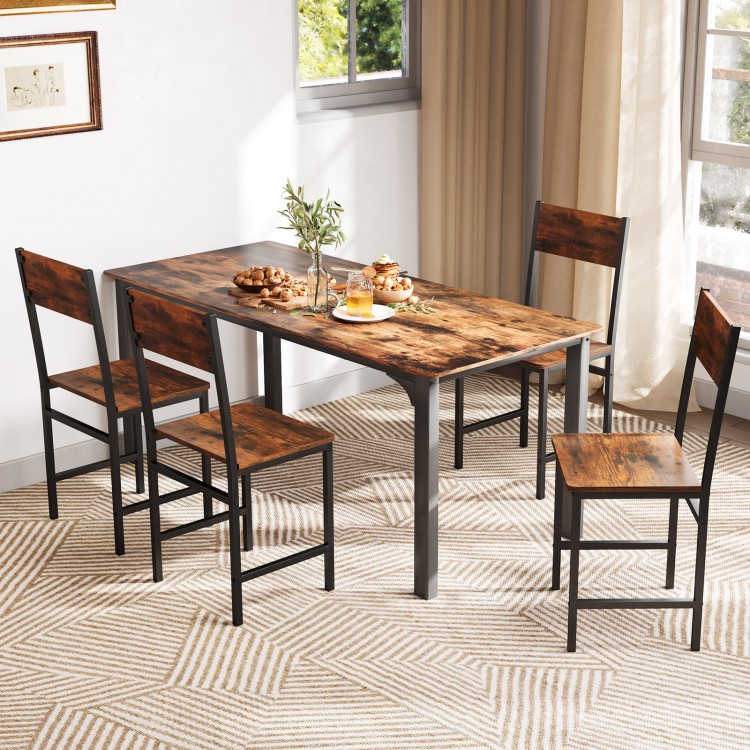 Set of 4 rustic brown dining chairs with metal legs, featuring slanted backrests and simulated wood grain for stylish.