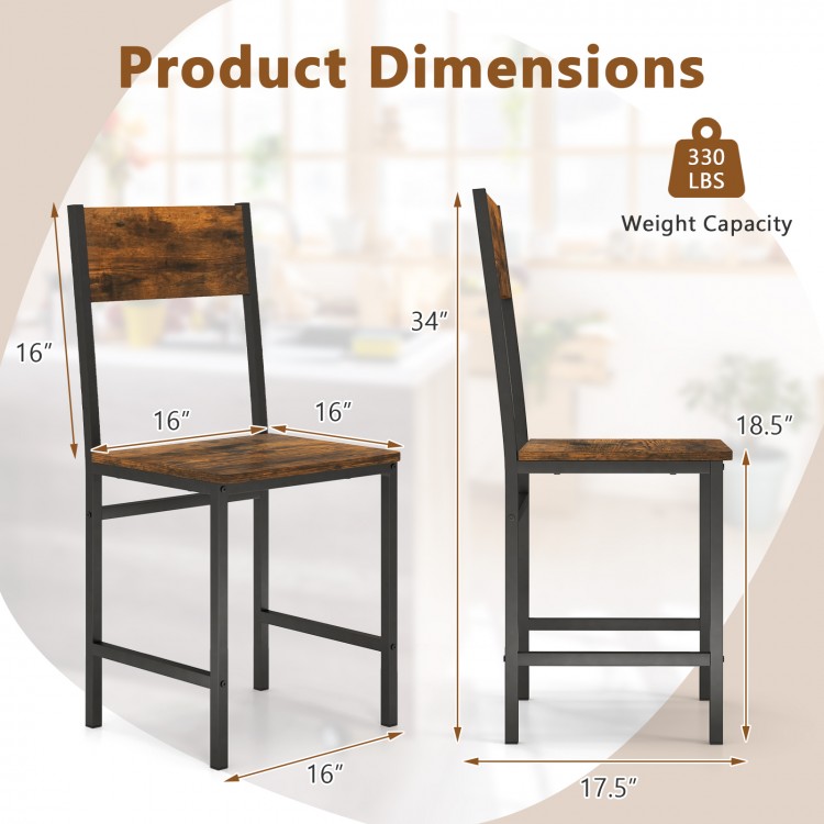 Rustic brown dining chair dimensions with metal legs, 330 lbs capacity, featuring a supportive slanted backrest.