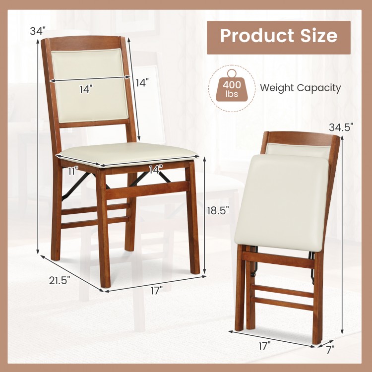 Folding dining chair set with padded seat, walnut finish, 400 lbs capacity, featuring high backrest and dimensions.
