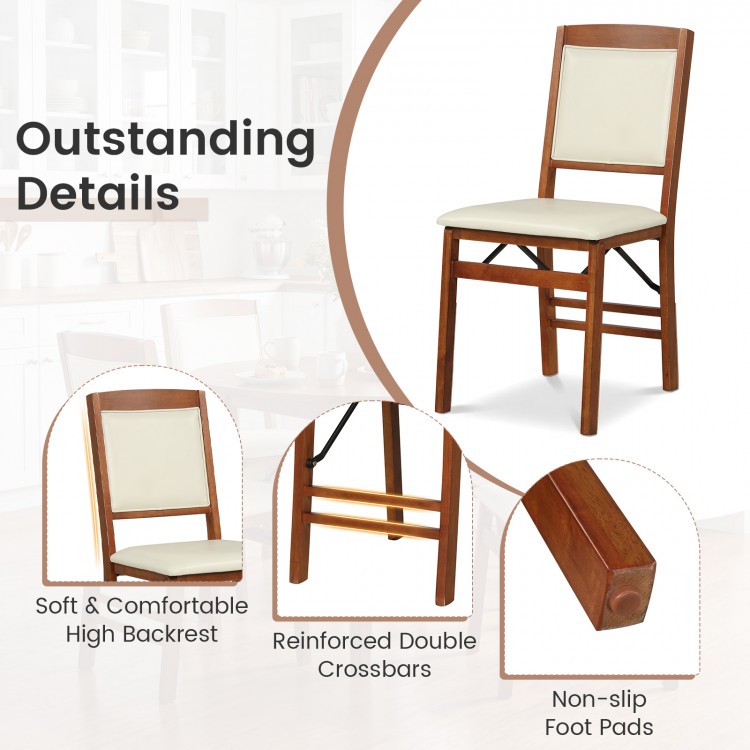 Folding dining chair with padded seat and high backrest in walnut, featuring non-slip foot pads and reinforced.