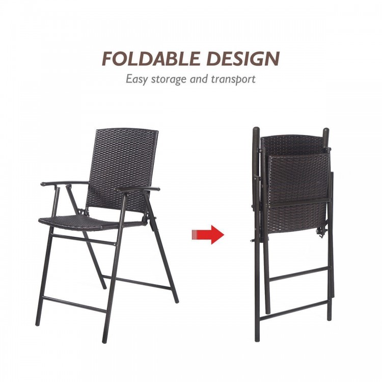 Folding rattan bar chair with armrests and footrest, featuring a durable steel frame for easy outdoor and indoor use.