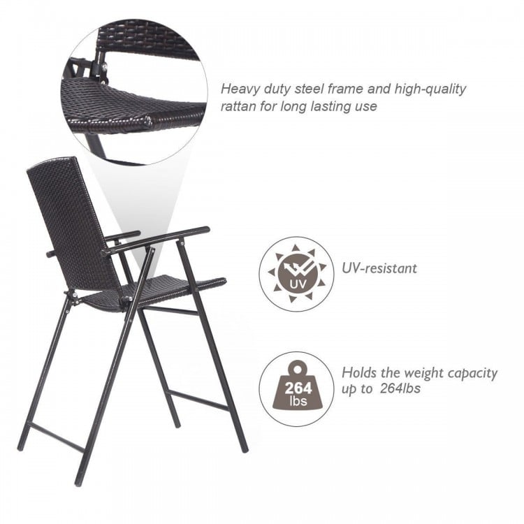 Folding rattan bar chair with steel frame, footrest, and armrests, ideal for outdoor gatherings and easy storage.