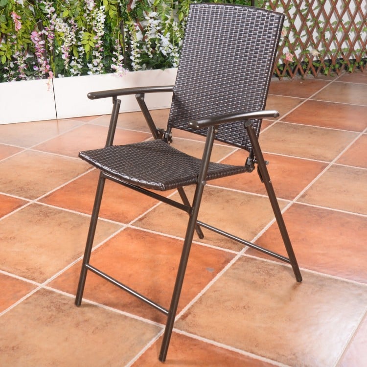 Folding rattan bar chair with a lightweight steel frame and comfortable armrests, perfect for indoor and outdoor.