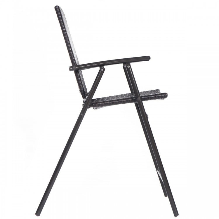 Side view of a folding rattan bar chair with steel frame, armrest, and footrest, perfect for outdoor and indoor use.