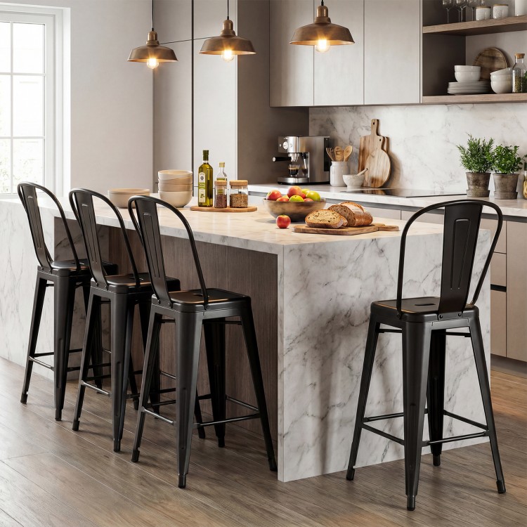 Set of 4 black metal bar stools with backrests, footrests, and stackable design for kitchen island or home bar use.