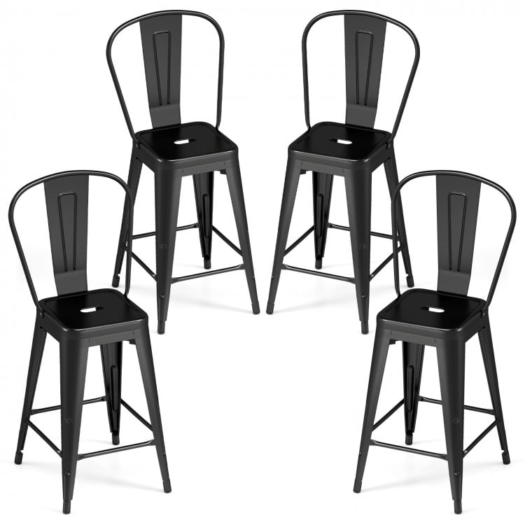 Set of 4 black metal bar stools with backrests, featuring stackable design and ergonomic comfort for kitchen or home.