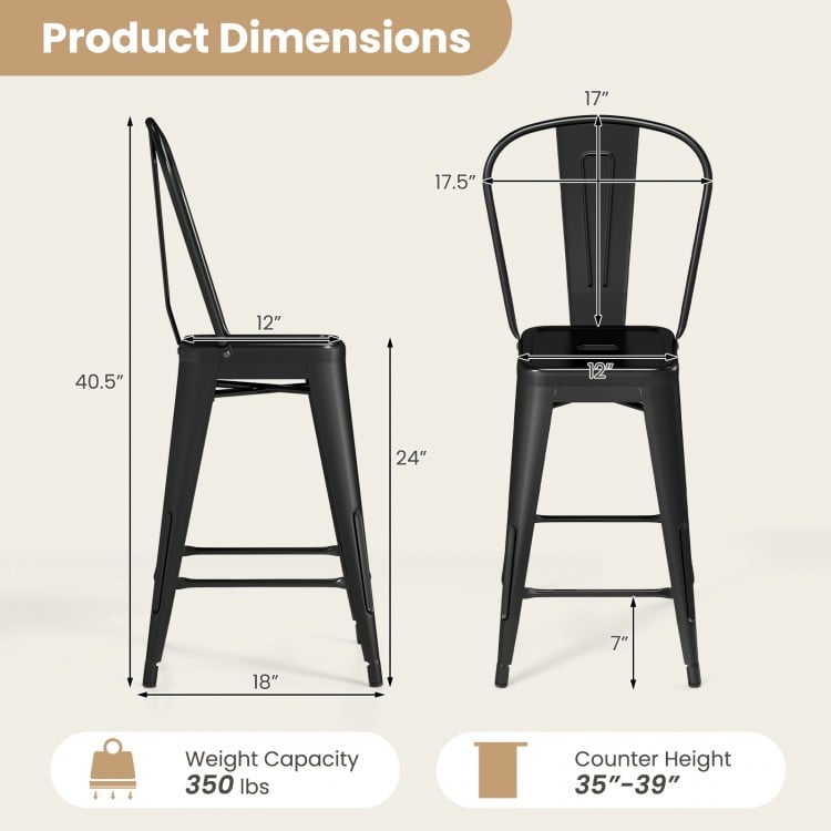 Black metal bar stool with backrest and footrest, stackable design, ergonomic comfort for kitchen island or home bar.