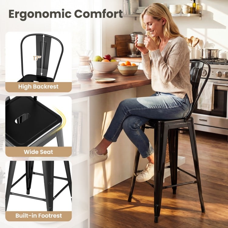 Black metal bar stool with high backrest and built-in footrest, perfect for kitchen islands and home bars.