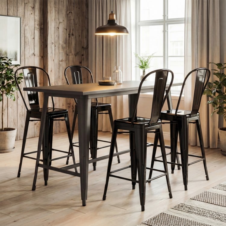Black metal bar stools with backrests and footrests, stackable design for kitchen island or home bar use.