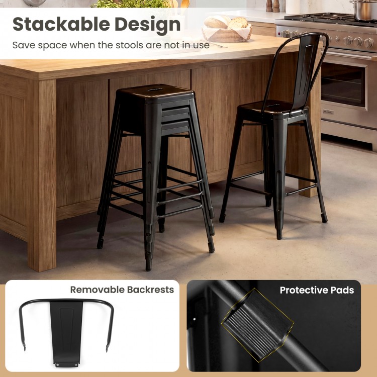 Black metal bar stools with removable backrests, stackable design, and protective pads for kitchen or home bar use.