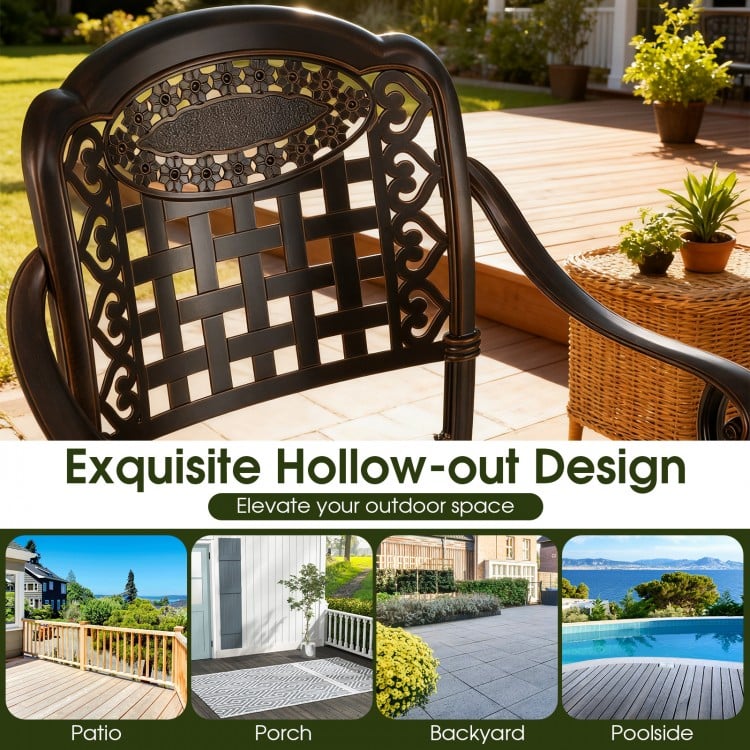 Outdoor bar stool with exquisite hollow-out design, made of weather-resistant cast aluminum for patio and poolside use.