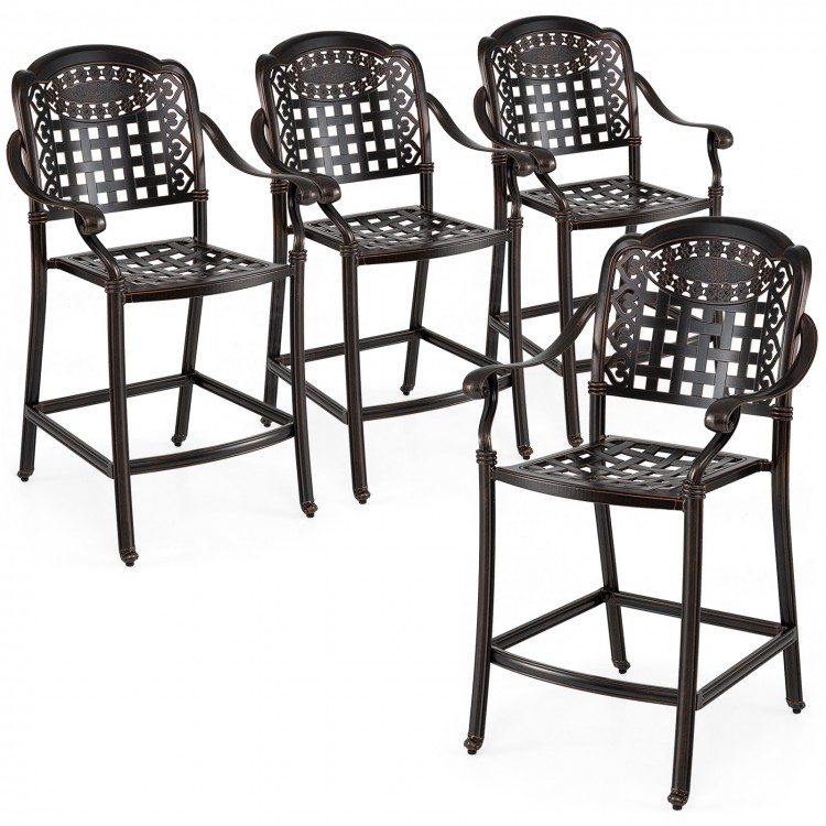 Set of 4 copper cast aluminum outdoor bar stools with ergonomic design and hollow-out detail for patio or poolside use.