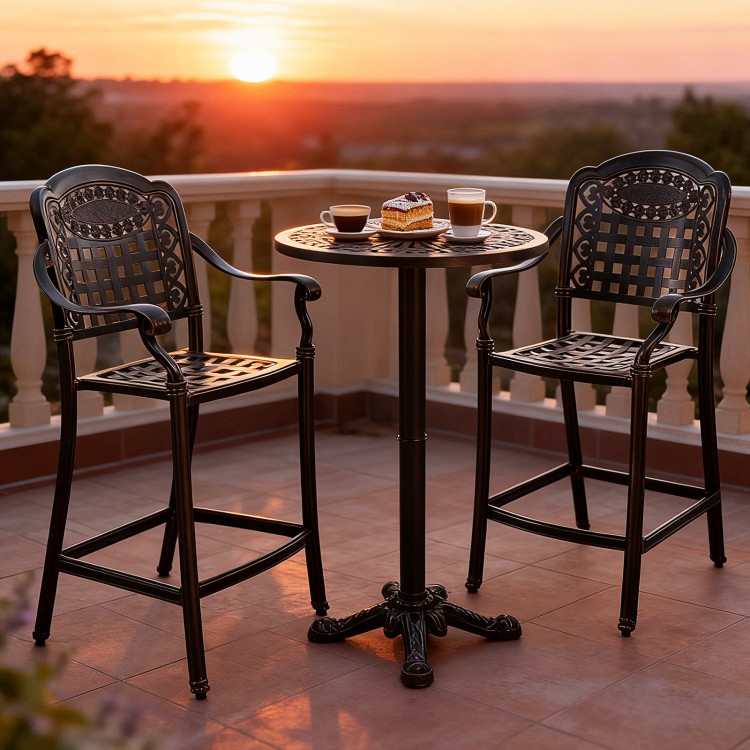 Outdoor bar stool set featuring high-quality cast aluminum, ergonomic design, and exquisite hollow-out detail for patio.