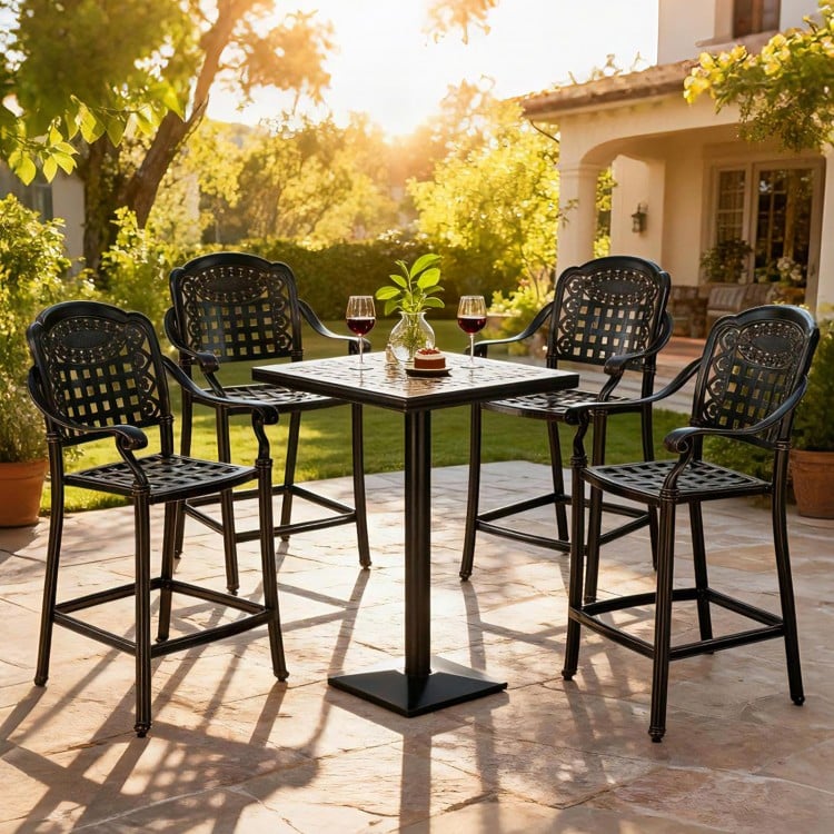 Set of 4 copper cast aluminum outdoor bar stools with ergonomic design, perfect for patio and backyard relaxation.