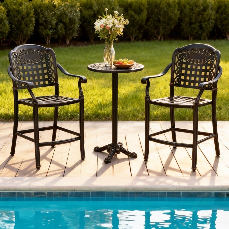 Outdoor bar stool set featuring high-quality cast aluminum chairs with ergonomic design, perfect for patio or poolside.