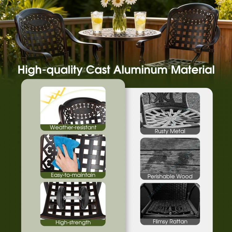 Set of 4 outdoor bar stools in copper, made of high-strength cast aluminum, perfect for patio and poolside relaxation.