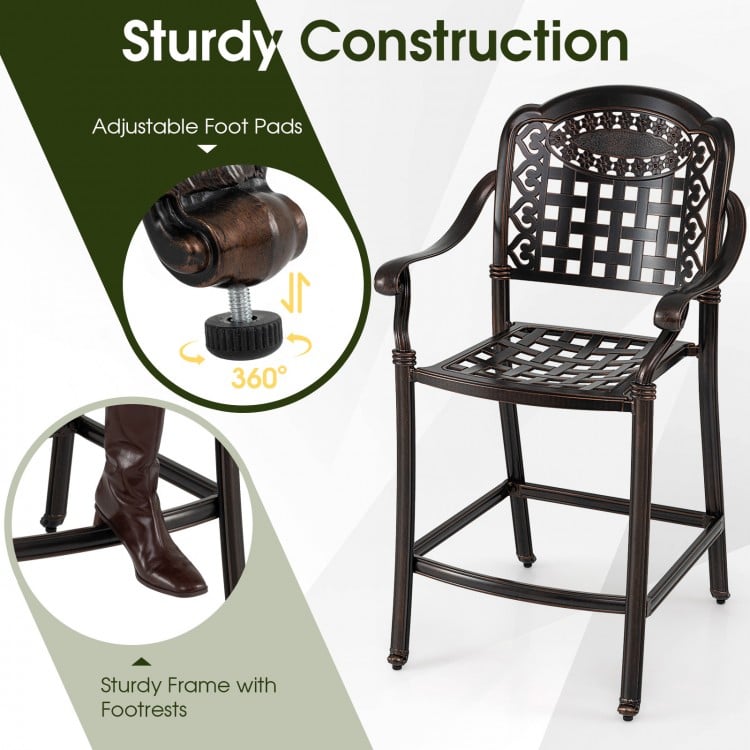 Outdoor bar stool with sturdy cast aluminum construction, adjustable foot pads, and ergonomic design for comfort.